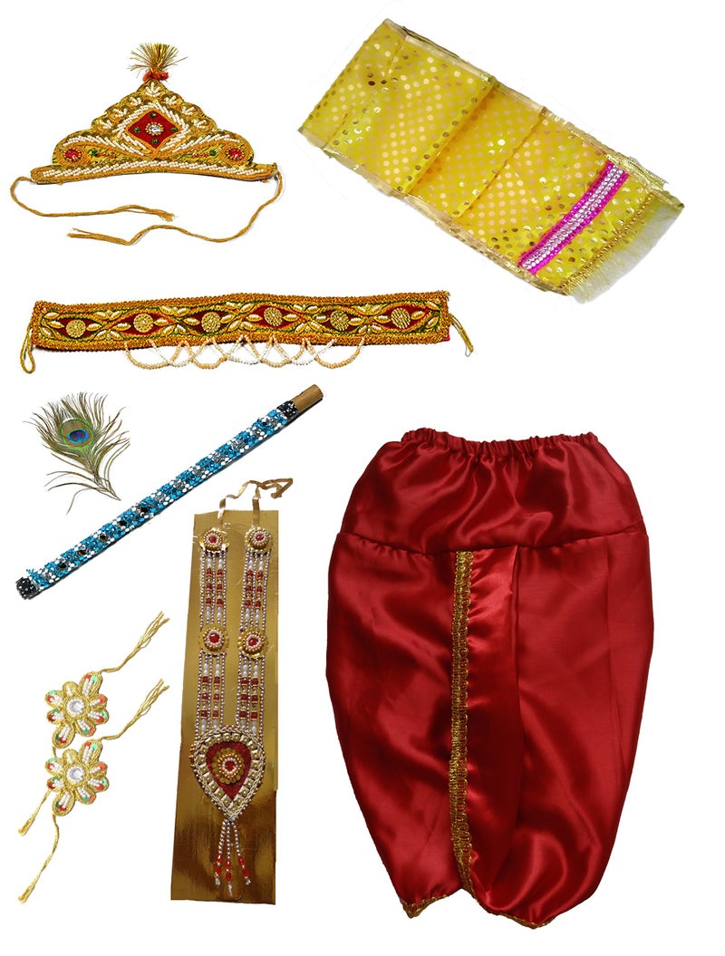 Pakhi Feather Little Krishna Dhoti Dupatta Set - Yellow-Red (9 - 12 Months) - Image 1