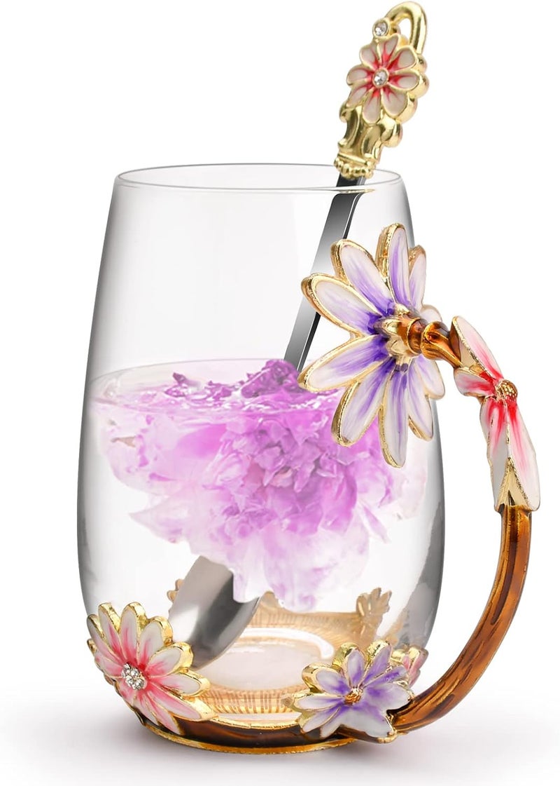 OEAGO Purple Gifts for Women Mom Mothers Day Glass Coffee Enamels Mug Best Birthday Flower Gifts for Her from Daughter Son LeadFree Christmas Tea Cup with Spoon Set - Image 1