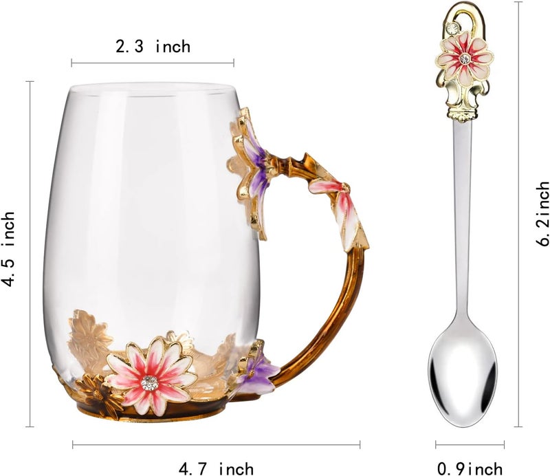 OEAGO Purple Gifts for Women Mom Mothers Day Glass Coffee Enamels Mug Best Birthday Flower Gifts for Her from Daughter Son LeadFree Christmas Tea Cup with Spoon Set - Image 2