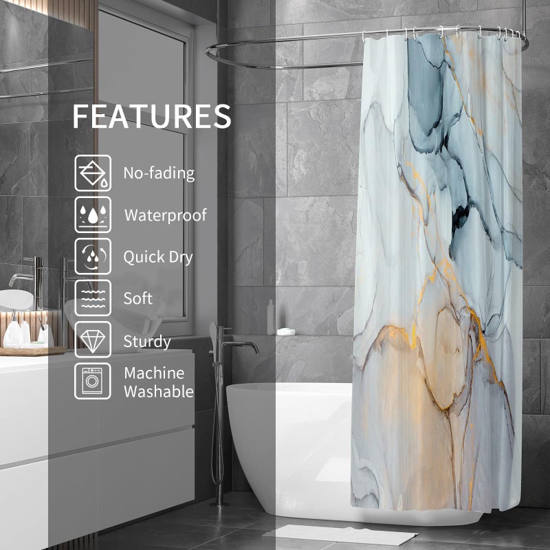 Gibelle Long Fabric Shower Curtain 72 x 78  Tall Abstract Grey Blue Marble Shower Curtain  Modern Ink Art Waterproof Fabric Shower Curtain Set with Hooks - Image 1