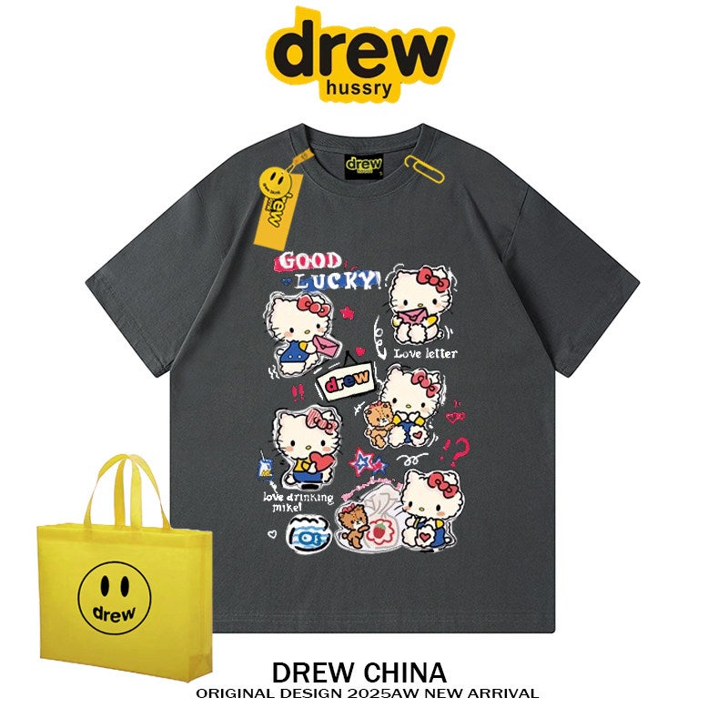 Drew American fashion brand KT cat cartoon graffiti print short-sleeved T-shirt men and women street loose couple top INS summer - Image 1