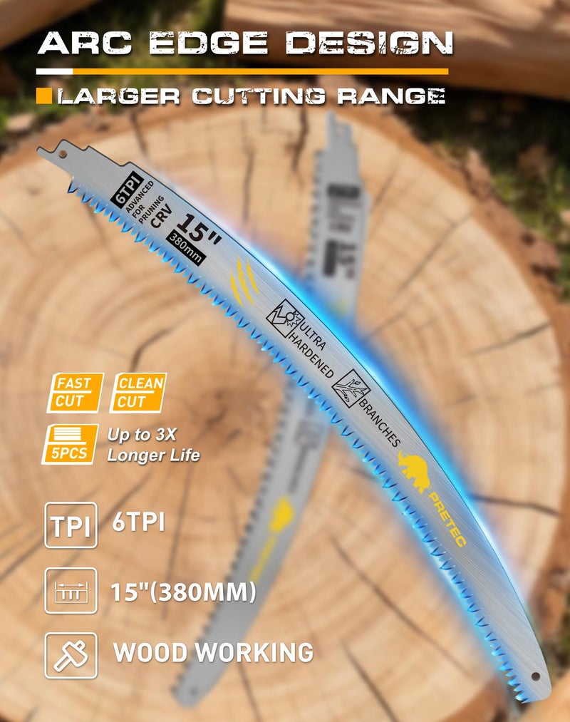 PRETEC Japanese Teeth Reciprocating Saw Blades 15 Inch, Arc Edge Wood Pruning Reciprocating Saw Blades 6TPI Tree Trimming, Wood Cutting, Cr-V Reciprocal Saw Blades Better Wear Resistance, (5 Pack) - Image 2