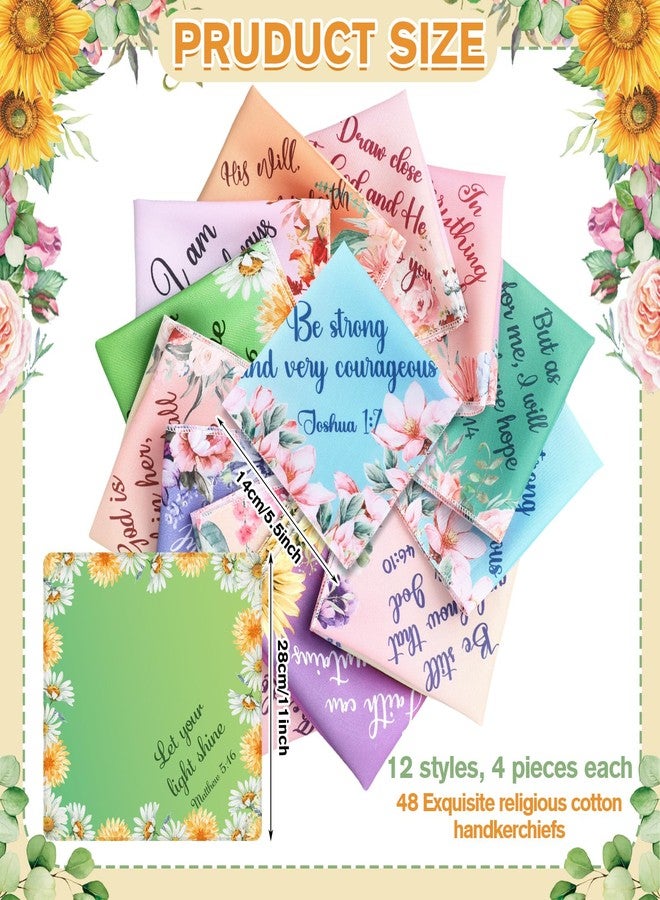 FuWeave 48 Pcs Christmas Christian Handkerchiefs Inspirational Quote Gifts for Women Bible Verse Church Handkerchiefs Bulk Floral Cotton Ladies Hankies Religious Xmas Gifts for Mom Birthday Party - Image 2