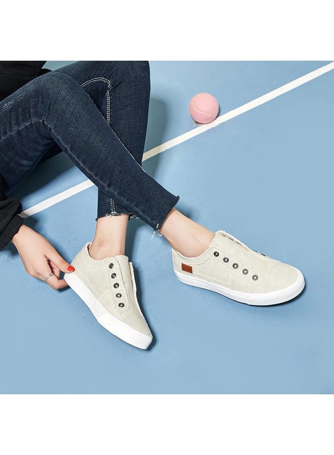 XRH Women's Slip on Shoes Non Slip Fashion Canvas Sneakers Low Top Casual Shoes(Beige,US10 - Image 3