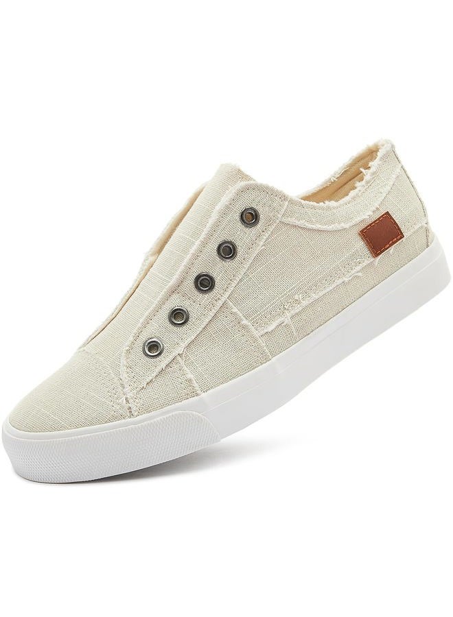 XRH Women's Slip on Shoes Non Slip Fashion Canvas Sneakers Low Top Casual Shoes(Beige,US10 - Image 1