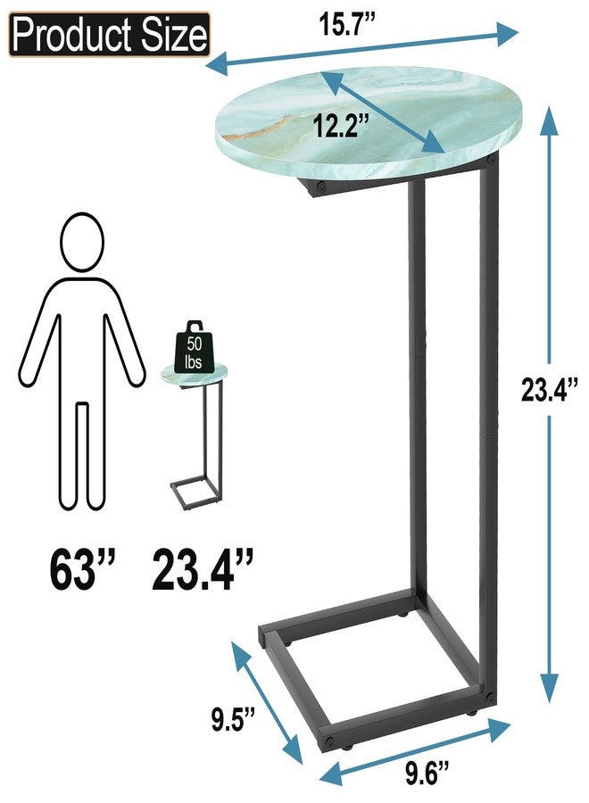 Katrawu C Shaped End Side Table, Small Oval Couch Sofa Table for Bed, Snack Side Table with Metal Frame, TV Tray Table with White Marble for Small Space, Living Room, Bedroom, Bedside(Sea Blue) - Image 2