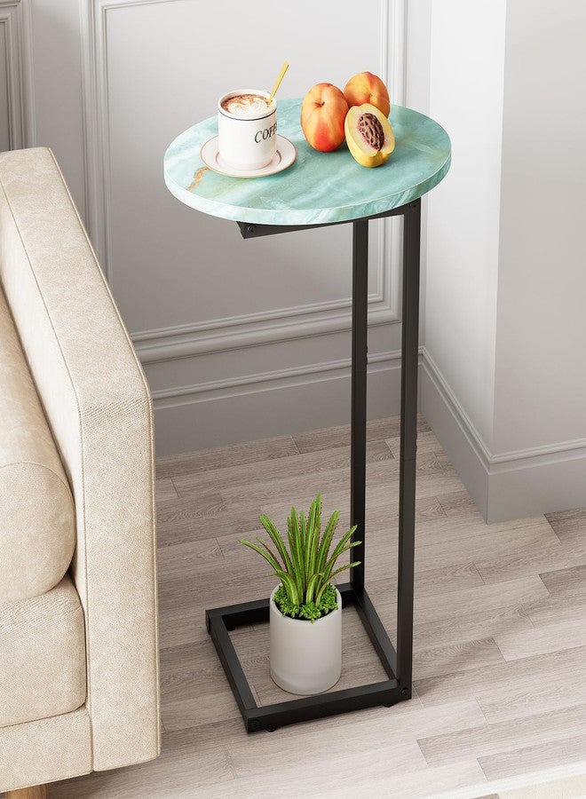 Katrawu C Shaped End Side Table, Small Oval Couch Sofa Table for Bed, Snack Side Table with Metal Frame, TV Tray Table with White Marble for Small Space, Living Room, Bedroom, Bedside(Sea Blue) - Image 1