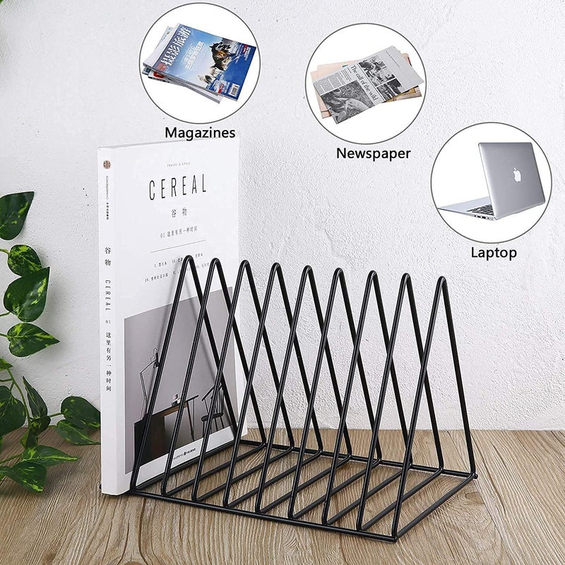 CR18 COLLECTION 9 Slot Triangle Magazine Rack Desktop Iron Book Record Holder Storage Organizer Bookshelf for Home School Office Decor Black - Image 4