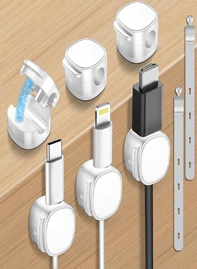 8 Pack,Magnetic Cable Clips & Silicon Cable Ties,Cord Holder[Cable Smooth Adjustable Desk Organizer],Under Desk Cable Management,Adhesive Home Office Wire Holder Keeper for Car/Charger/Computer-White