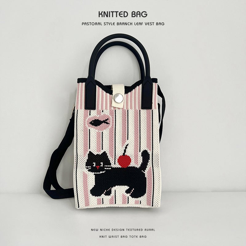New Style Portable Small Bag Girl'S Cartoon Crossbody Mobile Phone Bag Knitted Small Square Bag Adjustable Crossbody Bag Shoulder Bag - Image 1