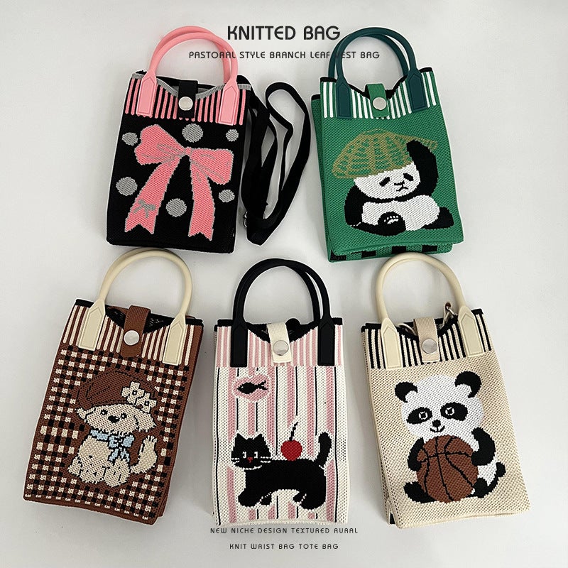 New Style Portable Small Bag Girl'S Cartoon Crossbody Mobile Phone Bag Knitted Small Square Bag Adjustable Crossbody Bag Shoulder Bag - Image 2