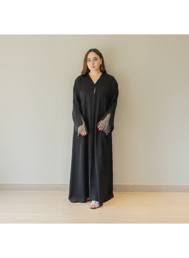 LINELLE عباءة لينيل الفاخرة ذات الأكمام الشبكية السوداء مع حبات الراين للنساء - تصميم أنيق على شكل حرف V، مقدمة مزررة، أكمام فضفاضة، ملابس يومية ومناسبات محتشمة - Image 1