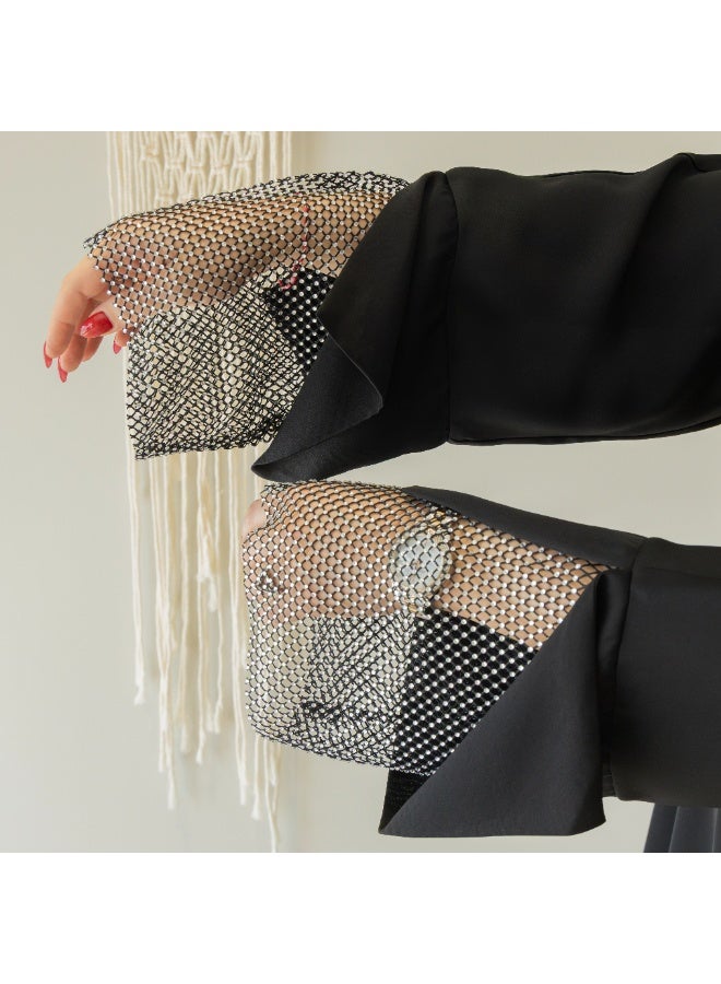 LINELLE عباءة لينيل الفاخرة ذات الأكمام الشبكية السوداء مع حبات الراين للنساء - تصميم أنيق على شكل حرف V، مقدمة مزررة، أكمام فضفاضة، ملابس يومية ومناسبات محتشمة - Image 5