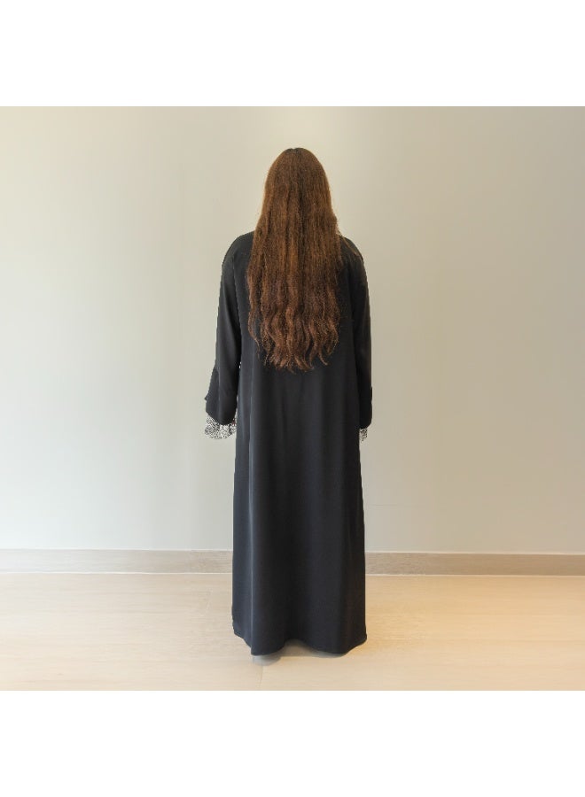 LINELLE عباءة لينيل الفاخرة ذات الأكمام الشبكية السوداء مع حبات الراين للنساء - تصميم أنيق على شكل حرف V، مقدمة مزررة، أكمام فضفاضة، ملابس يومية ومناسبات محتشمة - Image 3