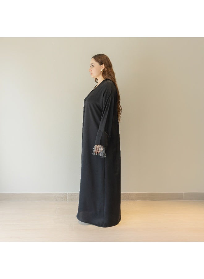 LINELLE عباءة لينيل الفاخرة ذات الأكمام الشبكية السوداء مع حبات الراين للنساء - تصميم أنيق على شكل حرف V، مقدمة مزررة، أكمام فضفاضة، ملابس يومية ومناسبات محتشمة - Image 2