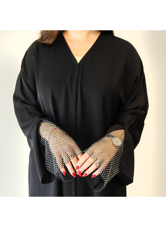 LINELLE عباءة لينيل الفاخرة ذات الأكمام الشبكية السوداء مع حبات الراين للنساء - تصميم أنيق على شكل حرف V، مقدمة مزررة، أكمام فضفاضة، ملابس يومية ومناسبات محتشمة - Image 4