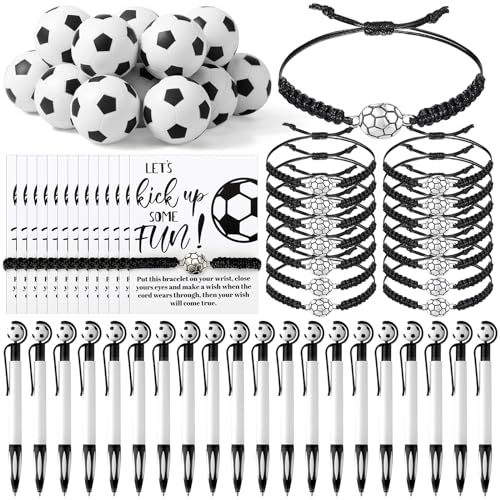 Equsion 80 Pcs Soccer Team Gifts Set Bracelets Soccer Ball Ballpoint Pens Foam Stress Balls Kick Up Cards Adjustable Bracelets for Sports Reward Birthday Party Supplies - Image 1