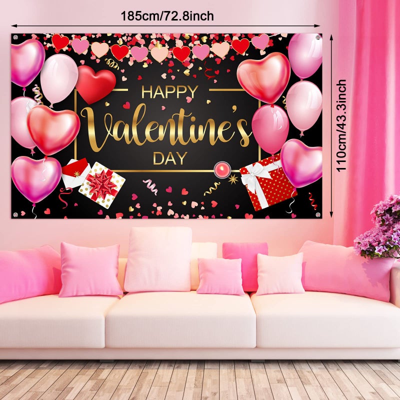 Sumind Happy Valentineâ€˜s Day Banner 73''x43'' Heart Photography Backdrop Large Valentines Day Background Party Decorations Photo Booth Prop(Black Background) - Image 2