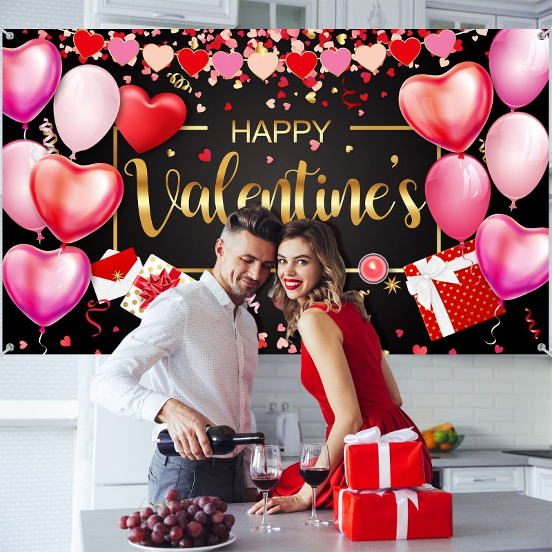 Sumind Happy Valentineâ€˜s Day Banner 73''x43'' Heart Photography Backdrop Large Valentines Day Background Party Decorations Photo Booth Prop(Black Background) - Image 4