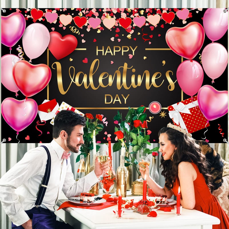 Sumind Happy Valentineâ€˜s Day Banner 73''x43'' Heart Photography Backdrop Large Valentines Day Background Party Decorations Photo Booth Prop(Black Background) - Image 5