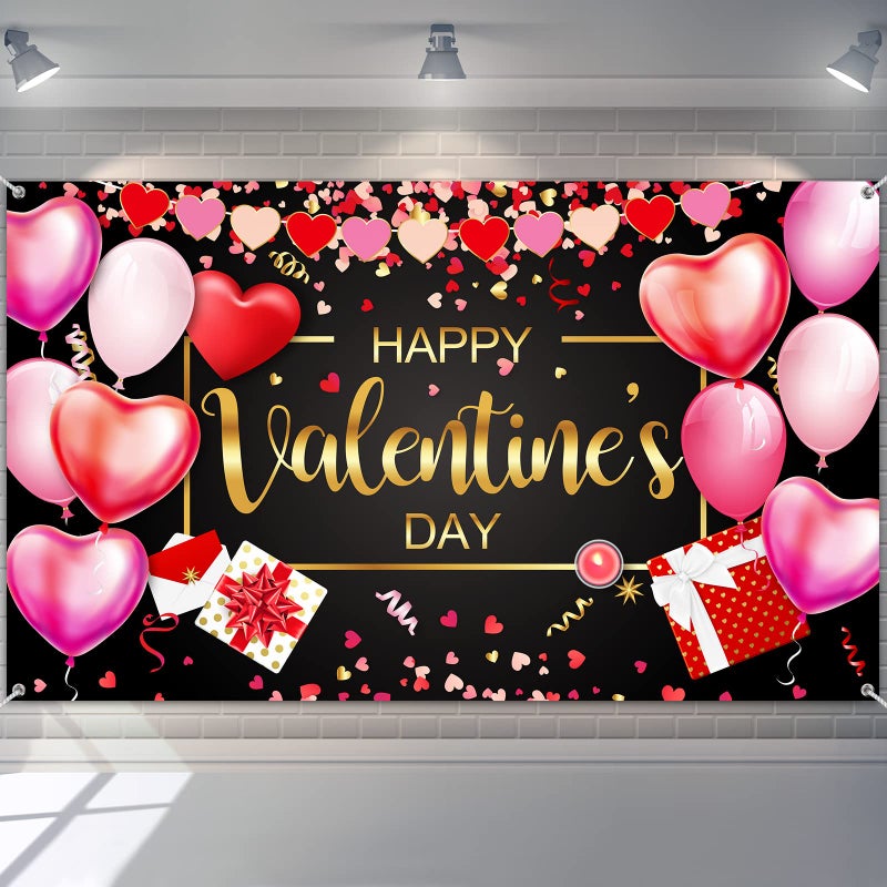 Sumind Happy Valentineâ€˜s Day Banner 73''x43'' Heart Photography Backdrop Large Valentines Day Background Party Decorations Photo Booth Prop(Black Background) - Image 1