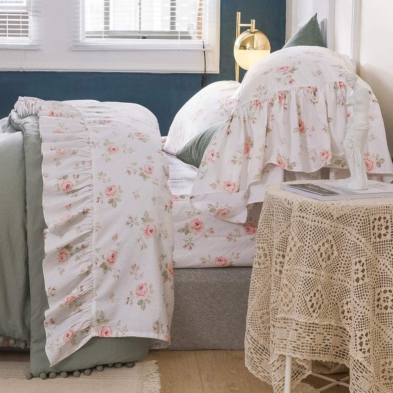 Queens House Shabby Roses Bed Sheet Set 4Piece King Size French Country Bed Sets