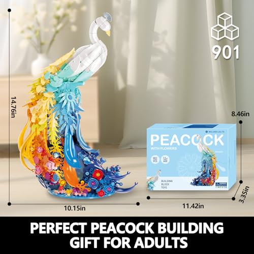 Vziimo Peacock Flowers Building Set with Led Light 901PCS Peacock Creative Bird Model Home Deocr and Office Art Gift for Mom Women Girlfriend Adults 14 Compatible with Major Brand - Image 5