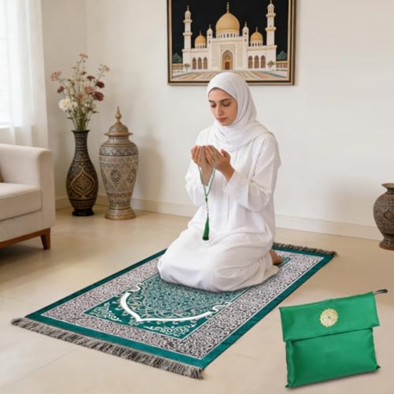 Ramadan Prayer Mat, Portable Travel Praying Rug with Prayer Bead and Storage Bag, Foldable Washable Polyester for Women - Image 2
