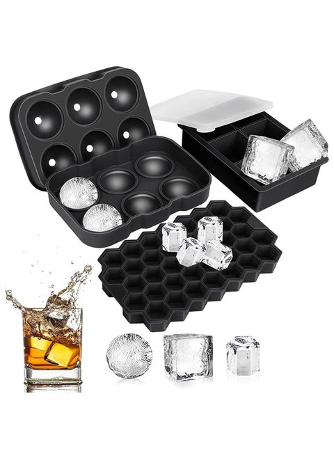Silicone Ice Cube Trays with Lid(Set Of 3),Sphere Square Honeycomb Whiskey Ice Mold,No Odors Easy-Release Ice Cube Maker for Cocktails and Homemade,Reusable Freezer Ice Cube Trays Bpa-Free