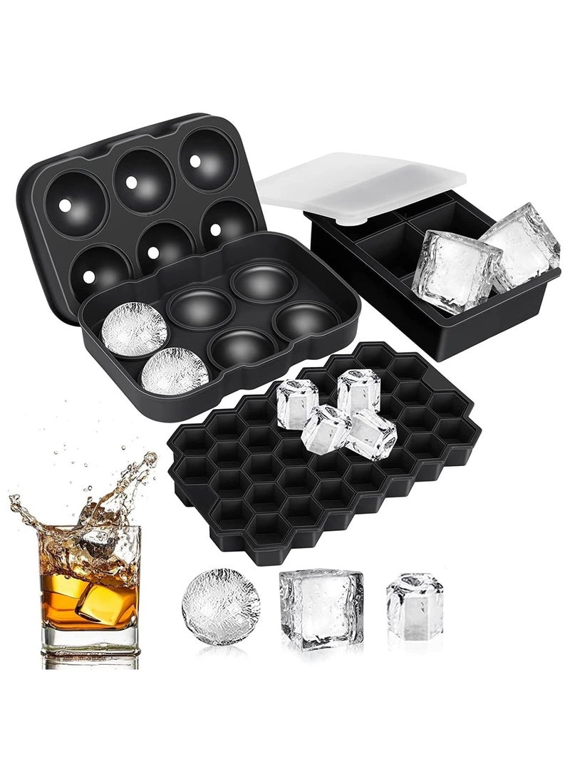 Silicone Ice Cube Trays with Lid(Set Of 3),Sphere Square Honeycomb Whiskey Ice Mold,No Odors Easy-Release Ice Cube Maker for Cocktails and Homemade,Reusable Freezer Ice Cube Trays Bpa-Free