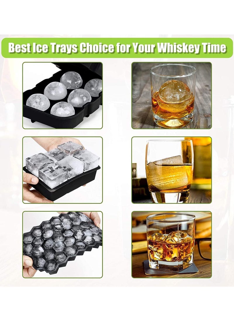 Silicone Ice Cube Trays with Lid(Set Of 3),Sphere Square Honeycomb Whiskey Ice Mold,No Odors Easy-Release Ice Cube Maker for Cocktails and Homemade,Reusable Freezer Ice Cube Trays Bpa-Free