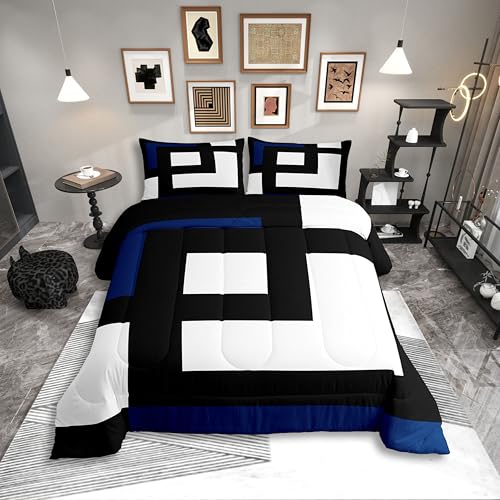 Erosebridal Blue Black and White Striped Queen Comforter Set for Adult Women Men Square Abstract Bedding Set Modern Geometric Stripes Bold Lines Bed Set Minimalist Stylish Plaids Quilt Set - Image 1