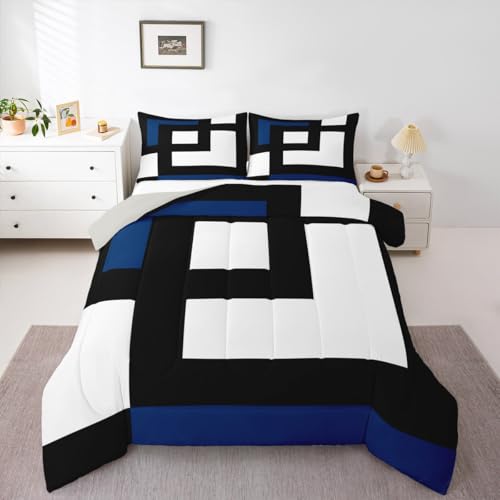 Erosebridal Blue Black and White Striped Queen Comforter Set for Adult Women Men Square Abstract Bedding Set Modern Geometric Stripes Bold Lines Bed Set Minimalist Stylish Plaids Quilt Set - Image 3