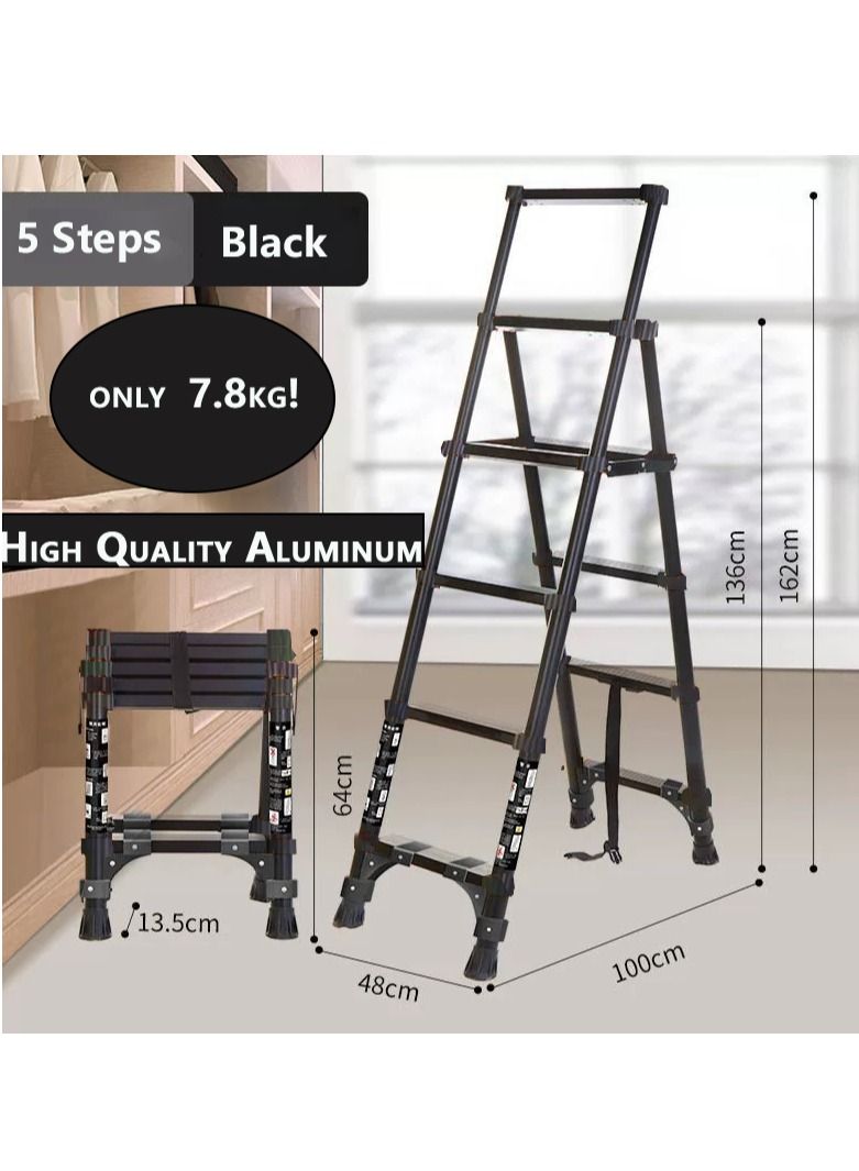SUNRISE SUNRISE  5 Steps Telescoping Ladder A-Frame Aluminum Telescopic Ladder With 1-Button Retraction Portable Extension Ladder Adjustable Lightweight Folding Ladder For Home151kgs Capacity  - Image 2