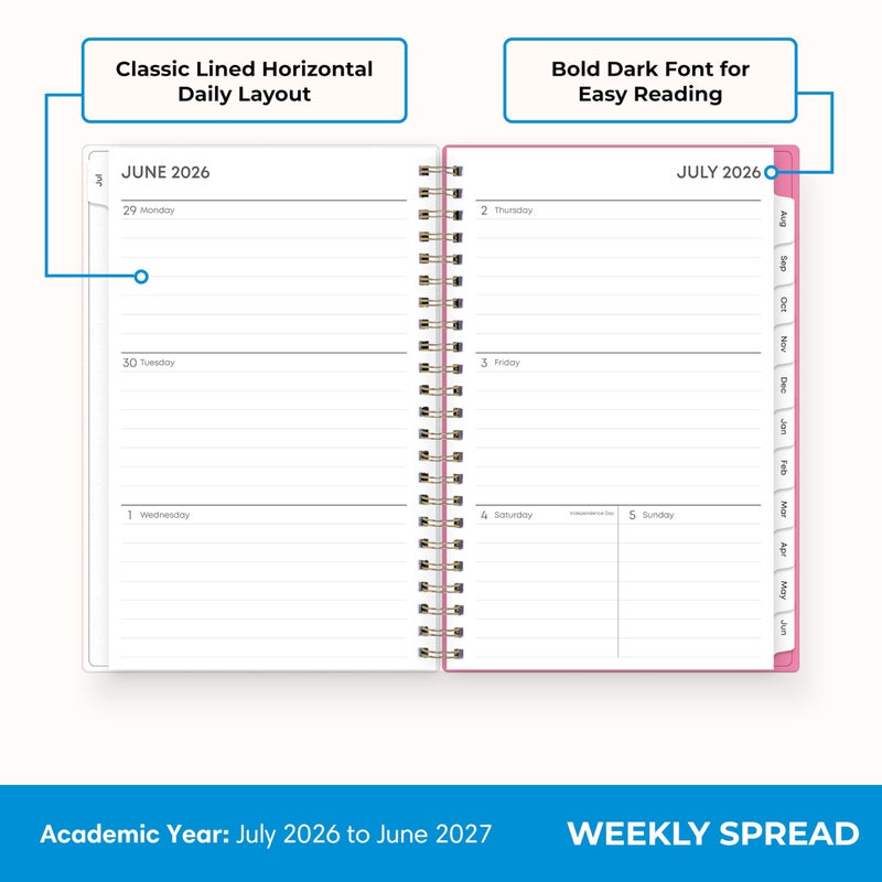 Blue Sky 2026-2027 Weekly and Monthly Academic Year Planner Calendar, July 2026 - June 2027, 5" x 8", Flexible Cover, Wirebound, Laminated Tabs, Roosevelt Pink - Image 3