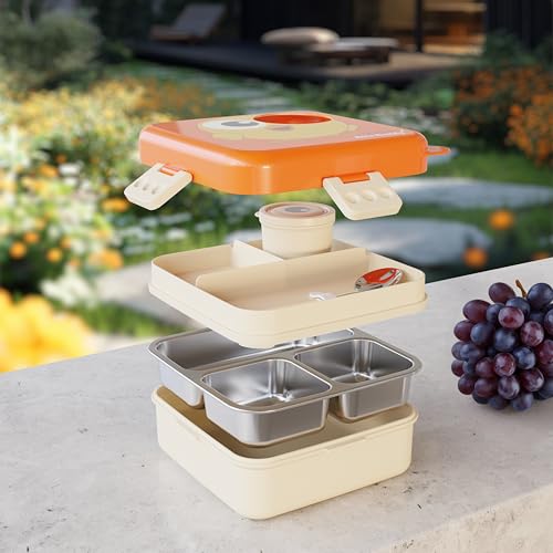 Clazkit 3-Compartment Birdy Printed Design Lunch Box – Leak-Proof & BPA-Free Bento Box with Steel Tray, Spoon & Container for School, Office, Travel – 1120ml + 70ml, Orange - Image 4