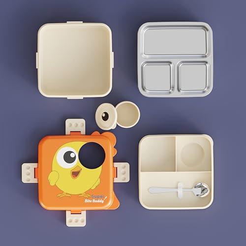 Clazkit 3-Compartment Birdy Printed Design Lunch Box – Leak-Proof & BPA-Free Bento Box with Steel Tray, Spoon & Container for School, Office, Travel – 1120ml + 70ml, Orange - Image 3