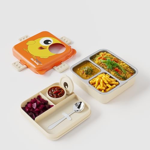Clazkit 3-Compartment Birdy Printed Design Lunch Box – Leak-Proof & BPA-Free Bento Box with Steel Tray, Spoon & Container for School, Office, Travel – 1120ml + 70ml, Orange - Image 2