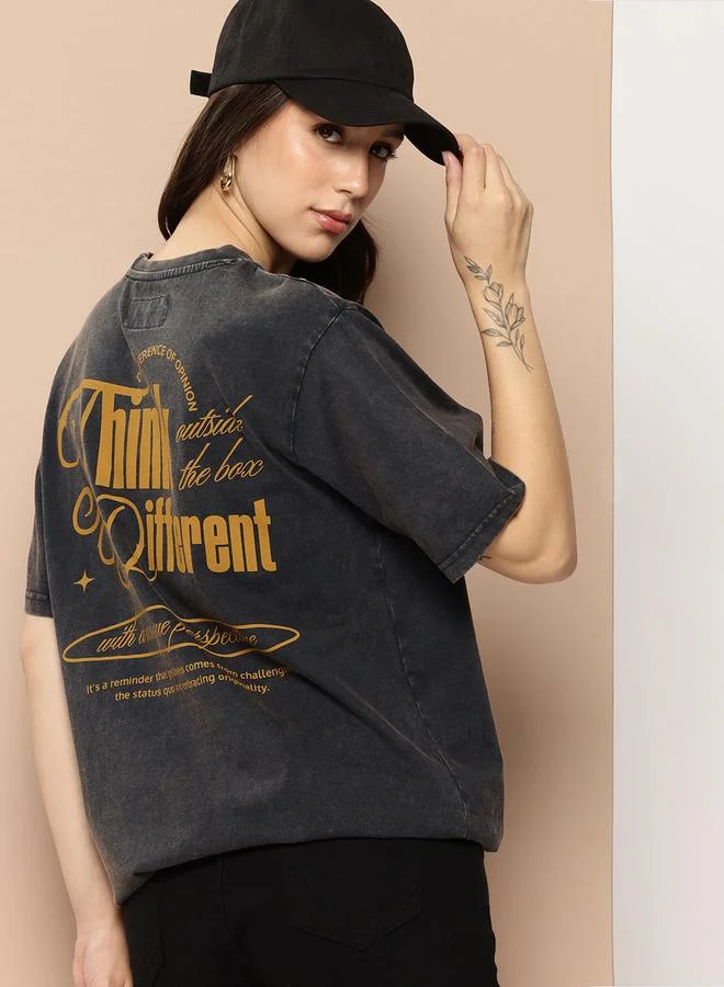 Difference of Opinion Women Oversized Washed Printed T-Shirt