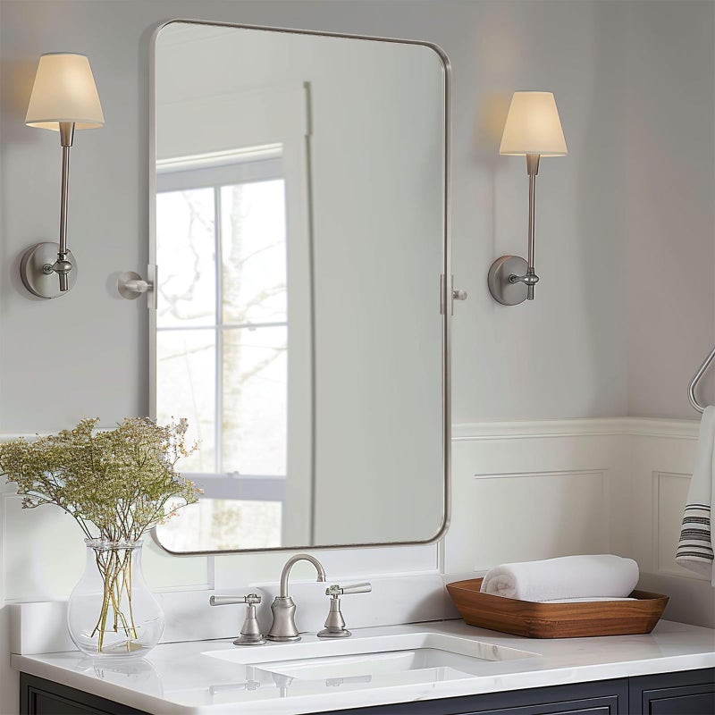 MOON MIRROR MOON MIRROR 20 x 28 Brushed Nickel Metal Framed Pivot Rectangle Bathroom Mirror Silver Tilting Rounded Rectangular Vanity Mirror for Wall Mounted Hangs Vertical Only 