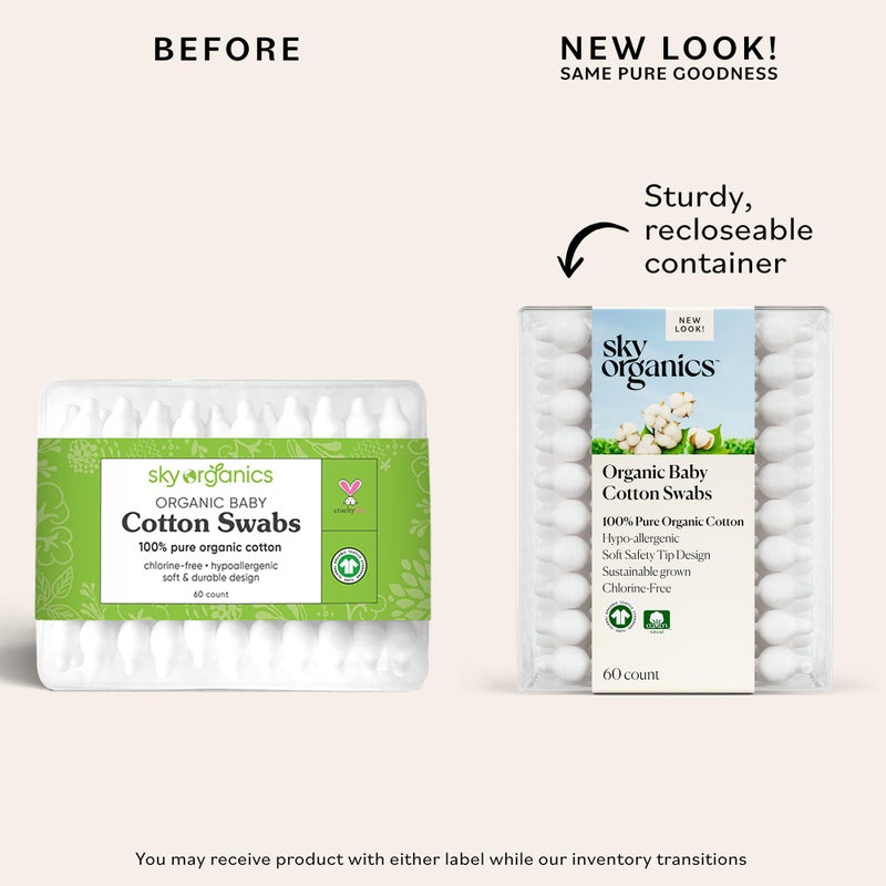 Sky Organics مسحات قطنية عضوية للأطفال من سكاي أورغانيكس، 100% قطن عضوي نقي، قطن عضوي معتمد من GOTS، 60 قطعة - Image 2