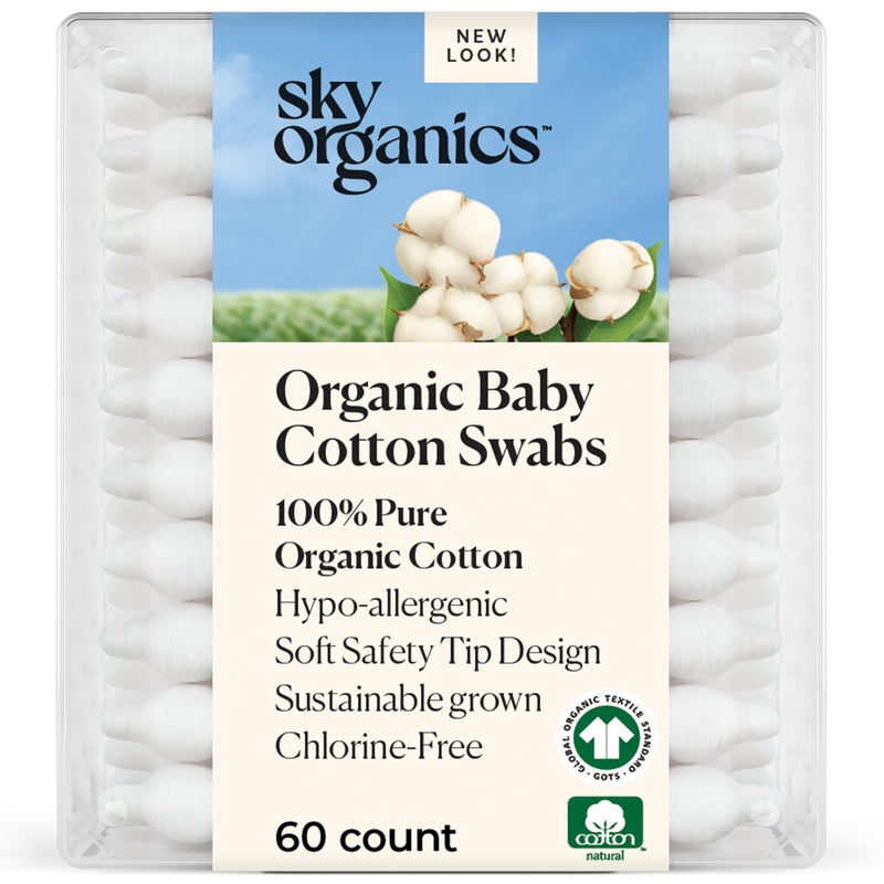 Sky Organics مسحات قطنية عضوية للأطفال من سكاي أورغانيكس، 100% قطن عضوي نقي، قطن عضوي معتمد من GOTS، 60 قطعة - Image 1