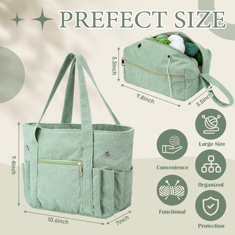 Bulyoou 2 Pcs Crochet Bag and Tote Set Corduroy Yarn Bag Crochet Tote Bag for Crochet Hooks Organizer Yarn Holder for Crochet Lovers Knitting Bag Crochet Accessories(Green) - Image 2