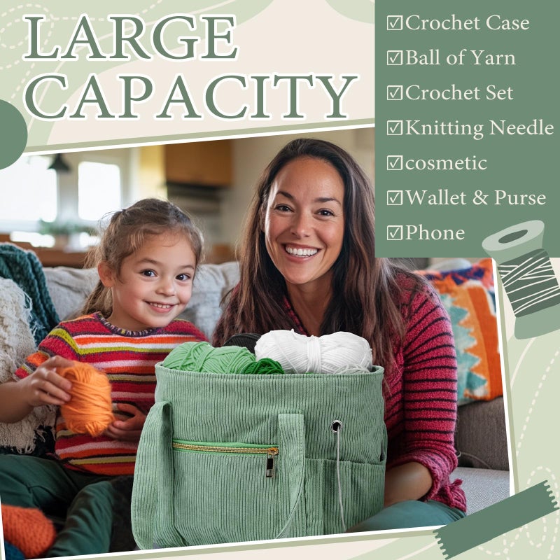 Bulyoou 2 Pcs Crochet Bag and Tote Set Corduroy Yarn Bag Crochet Tote Bag for Crochet Hooks Organizer Yarn Holder for Crochet Lovers Knitting Bag Crochet Accessories(Green) - Image 5