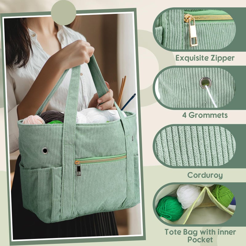 Bulyoou 2 Pcs Crochet Bag and Tote Set Corduroy Yarn Bag Crochet Tote Bag for Crochet Hooks Organizer Yarn Holder for Crochet Lovers Knitting Bag Crochet Accessories(Green) - Image 3