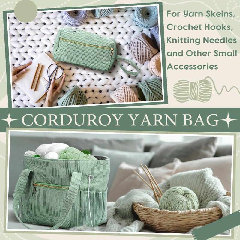Bulyoou 2 Pcs Crochet Bag and Tote Set Corduroy Yarn Bag Crochet Tote Bag for Crochet Hooks Organizer Yarn Holder for Crochet Lovers Knitting Bag Crochet Accessories(Green) - Image 4