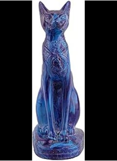 Unique Egyptian blue Bastet cat Statue with scarab on her chest, symbols hieroglyphic inscriptions around the base made in Egypt