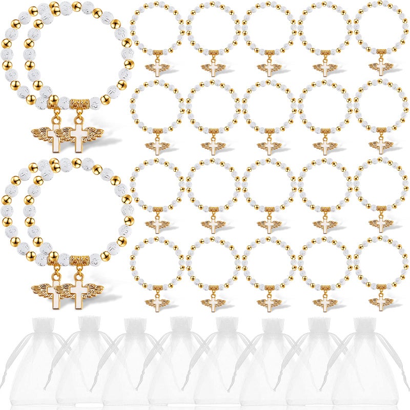 MTLEE 30 Pieces Bautizo Recuerdos Baptism Bracelet Favor with White Organza Bags Acrylic Pearl Stretch Bracelet Christening Favor for Guests Communion Party