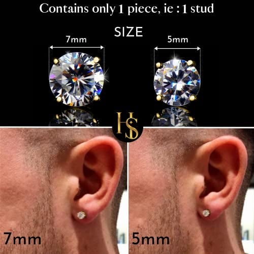 HIGHSPARK 925 Silver Men's Round Solitaire Stud Earring | 92.5 Sterling Silver and Diamond like Brilliance Sparkling Zirconia | Single Stud for Men | Lovely Gift - Gold 5mm - Image 2