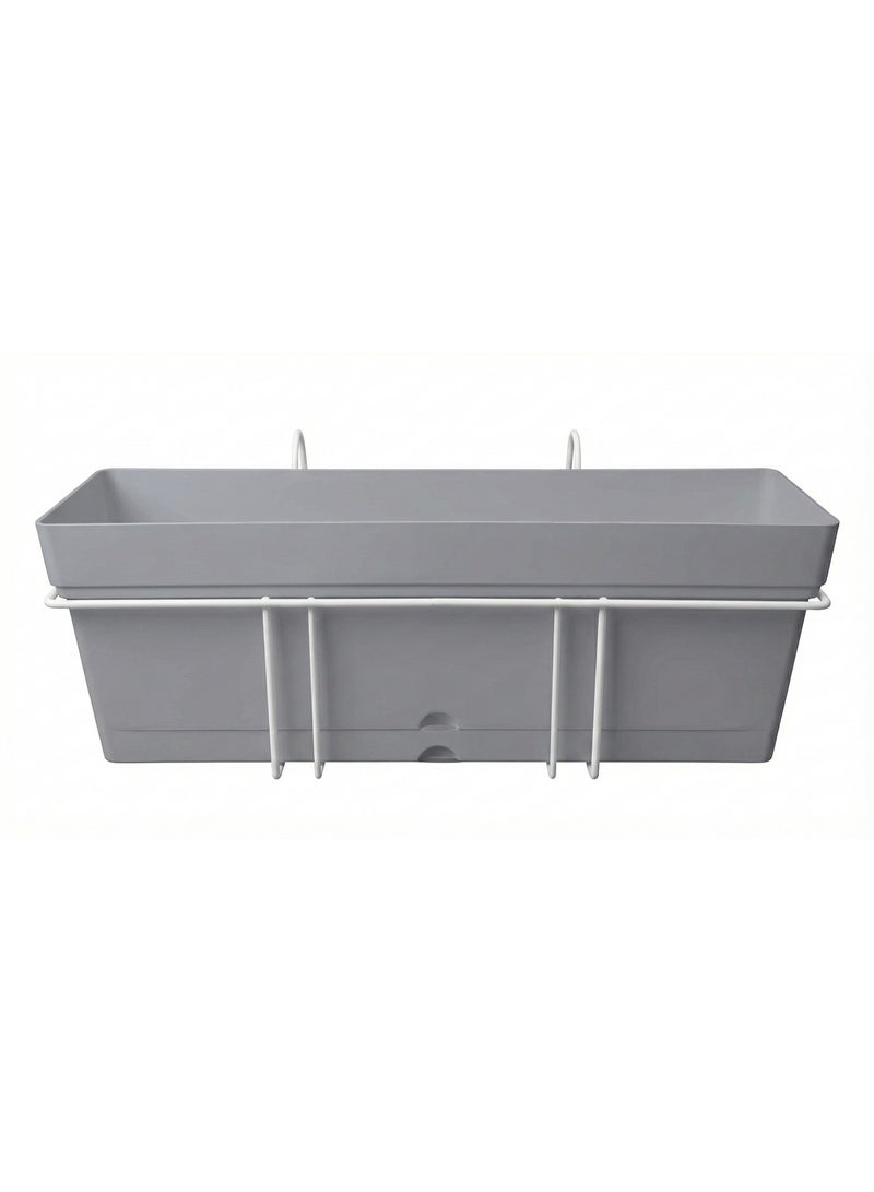 Rectangular Planter 50cm x 17cm with Built-in Saucer and Sturdy Metal Stand in White Coating for Balcony Hanging - Grey - Image 1